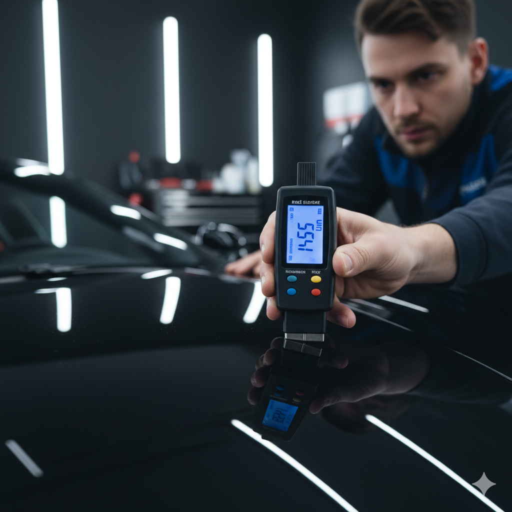 Expertiză Happy Tint Măsurarea grosimii lacului Tehnician Happy Tint care folosește un micrometru pe vopseaua mașinii.