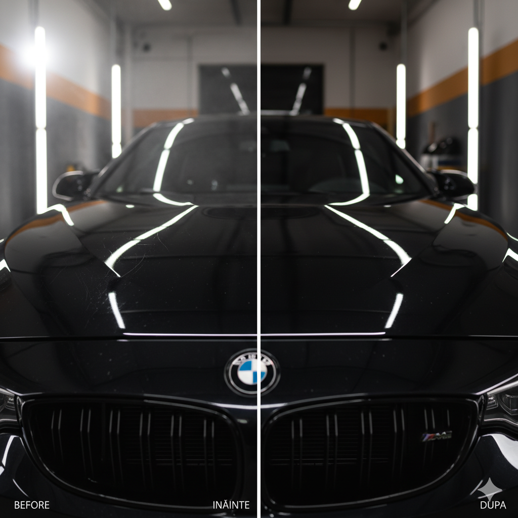 Polish Auto Profesional Happy Tint: Diferența vizibilă Imagine comparativă polish auto profesional Happy Tint: jumătate zgâriată, jumătate lucioasă